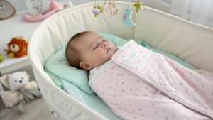 Summer sleep sack baby in light pink wearable blanket with star pattern, keeping infant cool and comfortable.
