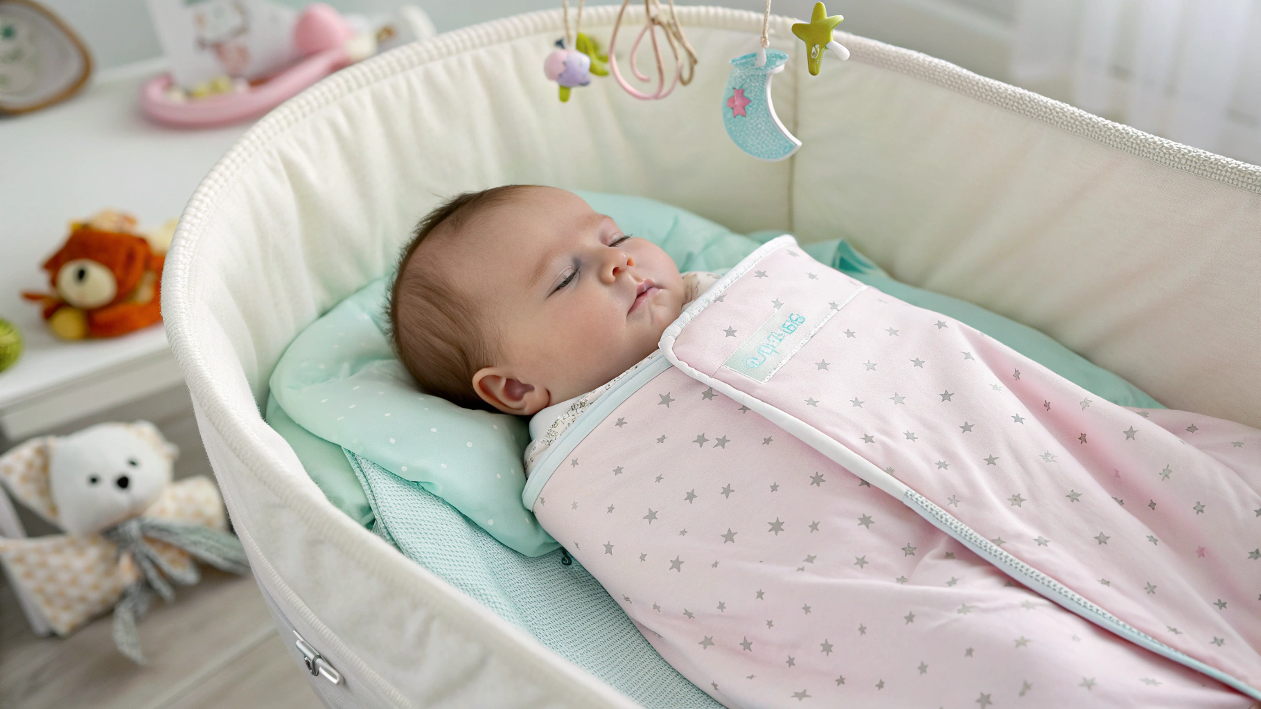 Summer sleep sack baby in light pink wearable blanket with star pattern, keeping infant cool and comfortable.