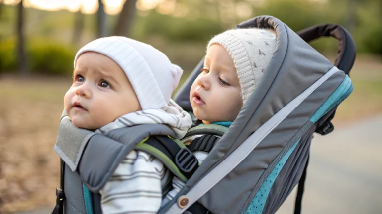 Two happy babies facing each other in a double front-facing infant carrier for twins during a sunny outdoor walk