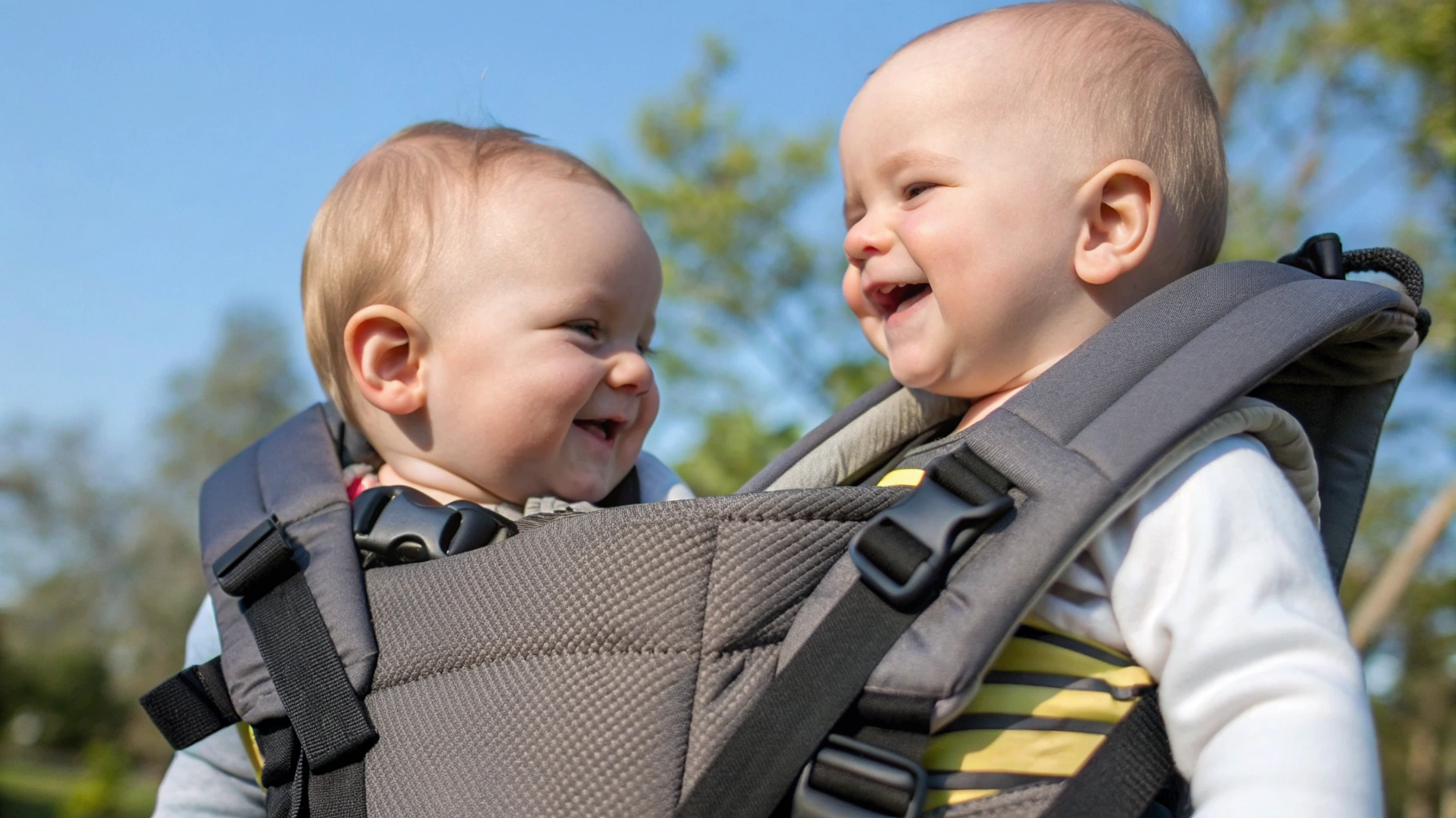 Two smiling babies sitting face-to-face in a comfortable outdoor infant carrier for twins on a sunny day