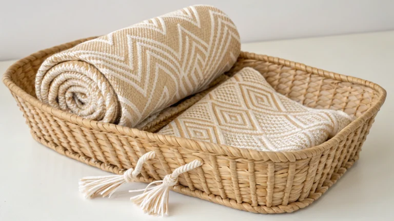 Woven wrap baby carrier neatly folded in a basket, featuring soft beige fabric with geometric patterns.