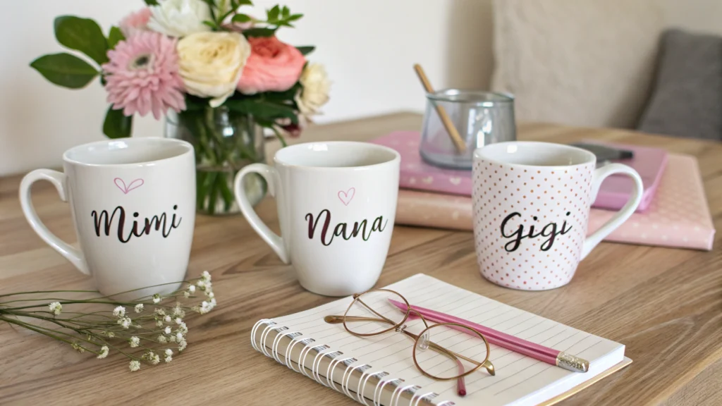 personalized grandma mugs, a notebook with handwritten grandma names (like Mimi, Nana, Gigi), and soft decorative items such as flowers and glasses