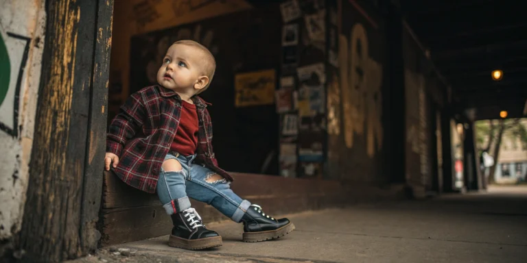 A baby dressed in a Grunge Names outfit with an oversized flannel, ripped jeans, and tiny Doc Martens boots, sitting in front of a dark 90s-style textured background with graffiti vibes.