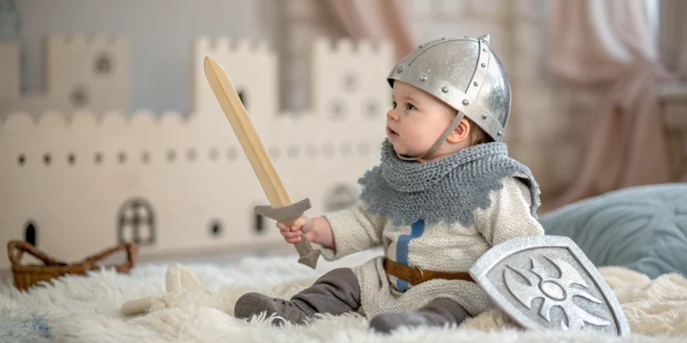 A baby dressed as a medieval knight with a tiny silver helmet and soft armor, holding a toy sword, sitting on a blanket with a castle-themed background, Knight Names