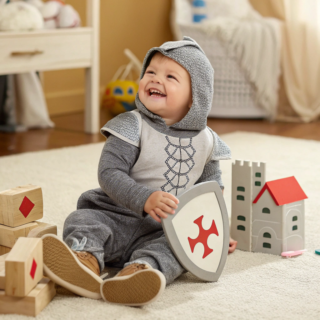 A smiling baby in a Knight Names costume with a plush shield and castle blocks, wearing a soft chainmail-style hoodie, styled in a cozy parenting blog aesthetic.