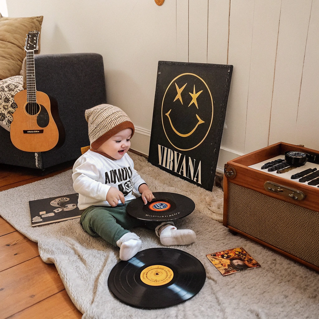 A playful baby wearing a band tee and beanie, surrounded by vinyl records, a small guitar, and a Nirvana-style poster, creating a cozy yet edgy 90s Grunge Names aesthetic.