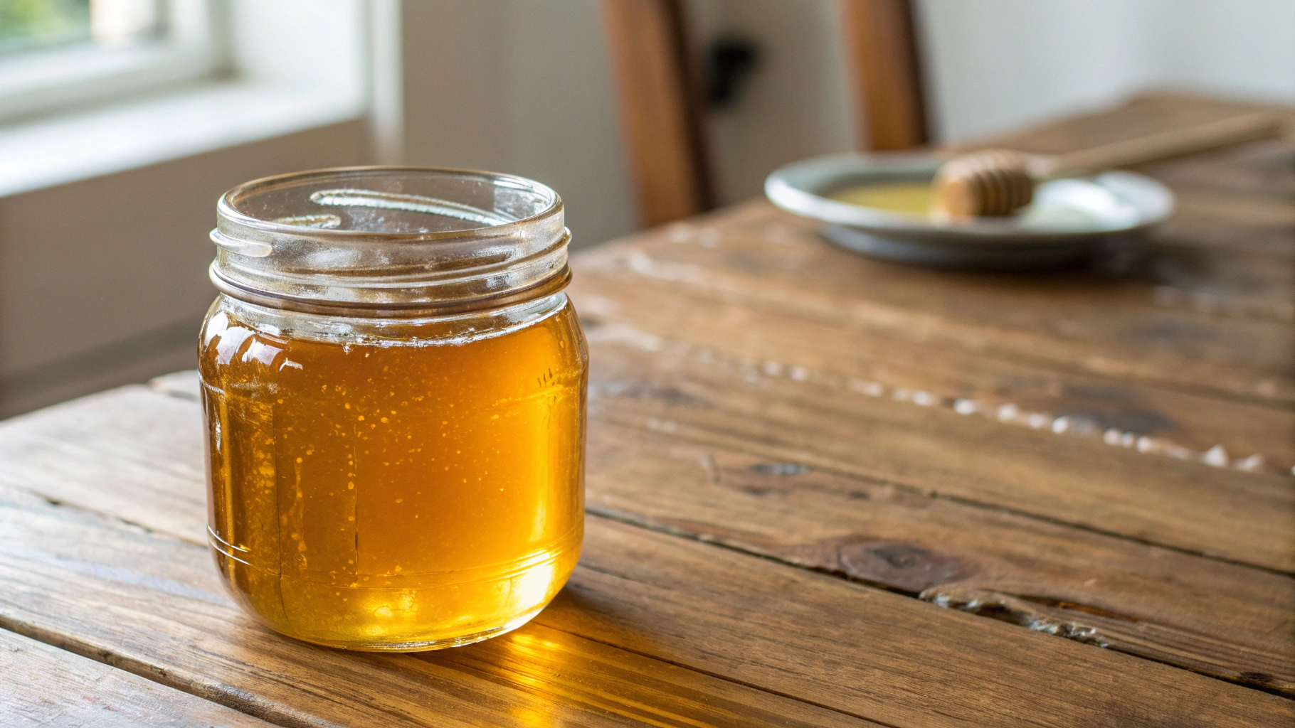 Glass jar filled with natural honey placed on a wooden table.
